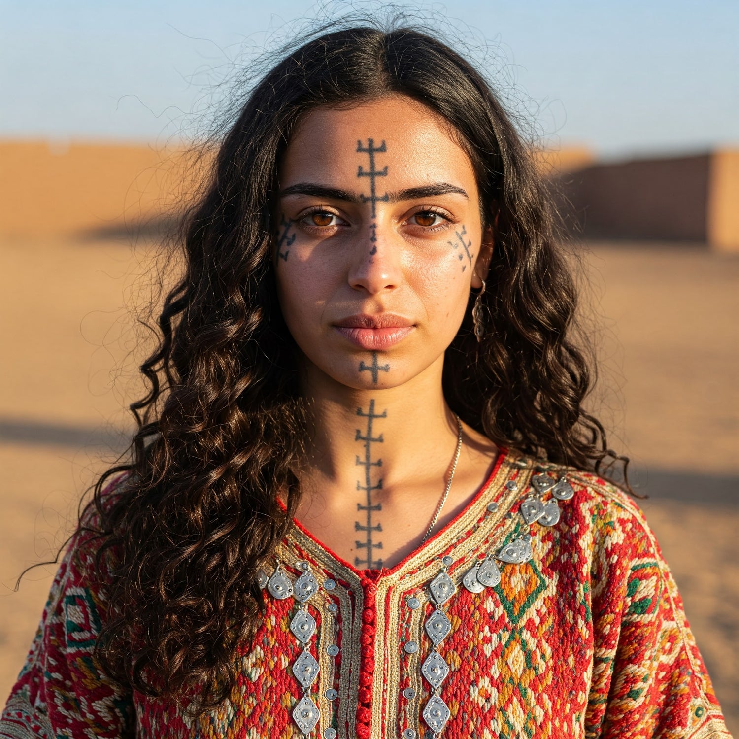 Femme berbère tatouée sur le visage dans le désert marocain, signe d'authenticité de la marque Imran