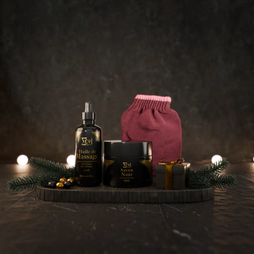 Coffret relaxation huile de massage, pot de savon noir, gant kessa