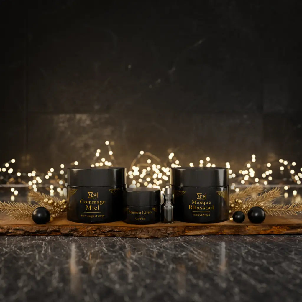 Coffret noël, pot gommage miel, baume à lèvres, masque rhassoul et fiole de khôl traditionnel